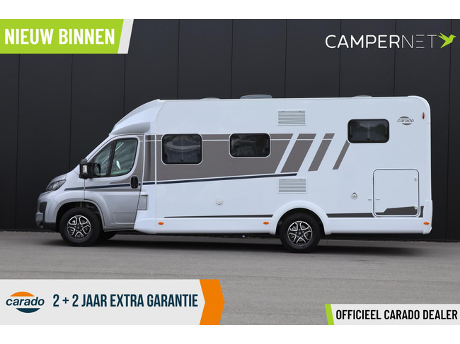 Carado T448 140pk Automaat | Pro + Pakket | Lengtebedden | Luifel | Grote garage | Hefbed | Nieuw uit voorraad leverbaar |Panoramaraam foto: 2