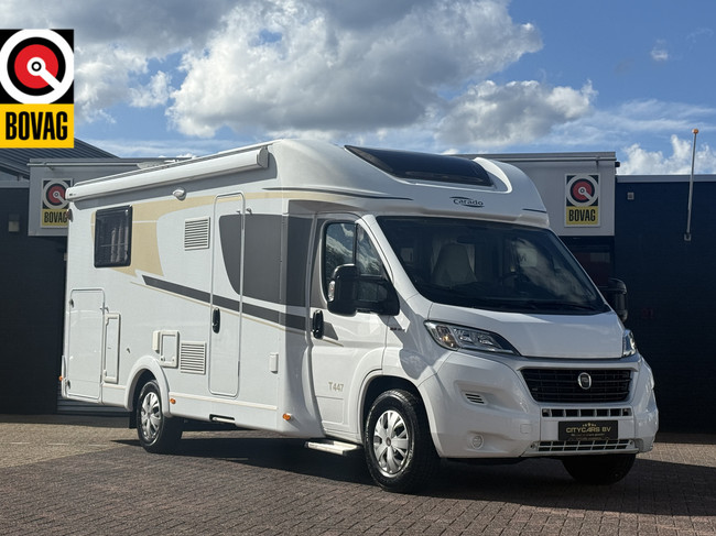 Hymer carado T 447 automaat enkele bedden luifel dakairco zonnepaneel elktr schotel tv camera fietsenrek grote garage xxl koelkast